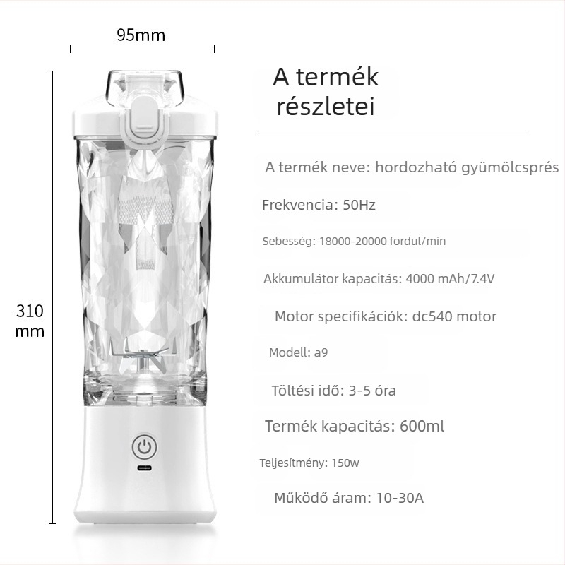 Akkumulátoros gyümölcscentrifuga és jégdaráló blender, 600-800 ml kapacitás, 150 W motor, akár 22 000 rpm, automata tisztítás