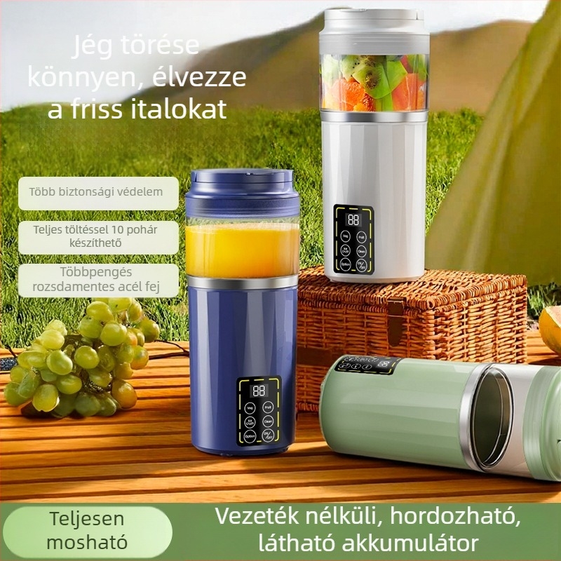 Hordozható USB-s töltésű centrifugális gyümölcsprés, beépített akkumulátorral, 401-600 ml kapacitás, 5+ pengével, műanyag test