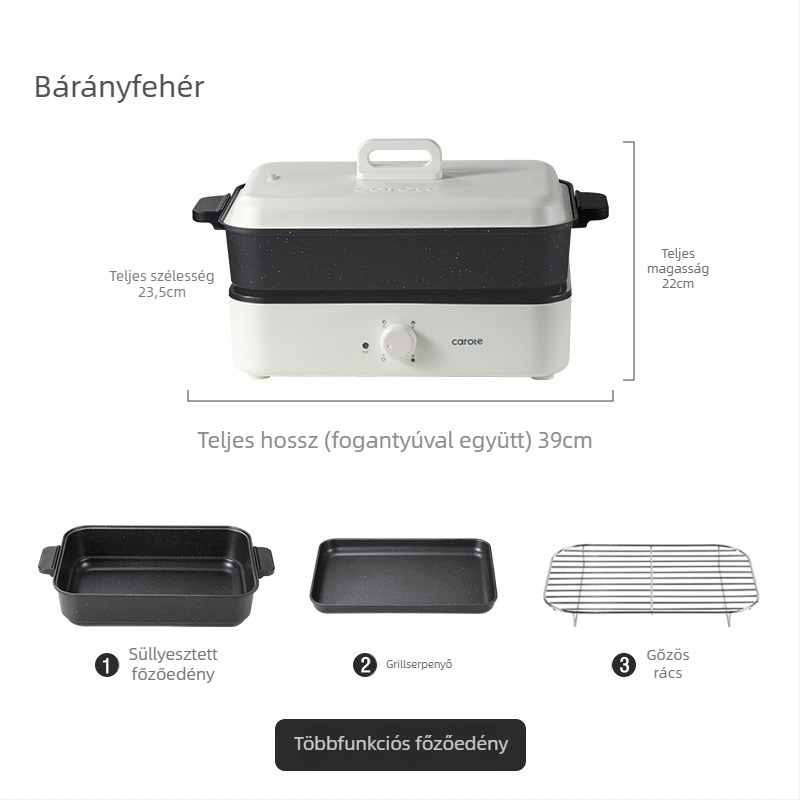 Elektromos többfunkciós főzőedény gőzölés, sütés, főzés és hot pot funkciókkal — 1500W, 220V, fém test, belső mélység 7 cm, belső tartály ötvözetből