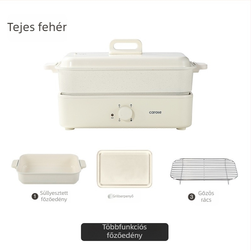 Elektromos többfunkciós főzőedény gőzölés, sütés, főzés és hot pot funkciókkal — 1500W, 220V, fém test, belső mélység 7 cm, belső tartály ötvözetből