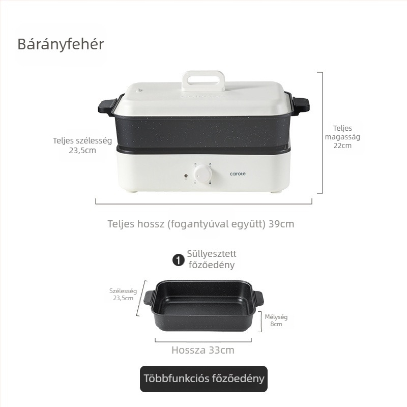 Elektromos többfunkciós főzőedény gőzölés, sütés, főzés és hot pot funkciókkal — 1500W, 220V, fém test, belső mélység 7 cm, belső tartály ötvözetből