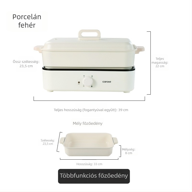 Elektromos többfunkciós főzőedény gőzölés, sütés, főzés és hot pot funkciókkal — 1500W, 220V, fém test, belső mélység 7 cm, belső tartály ötvözetből