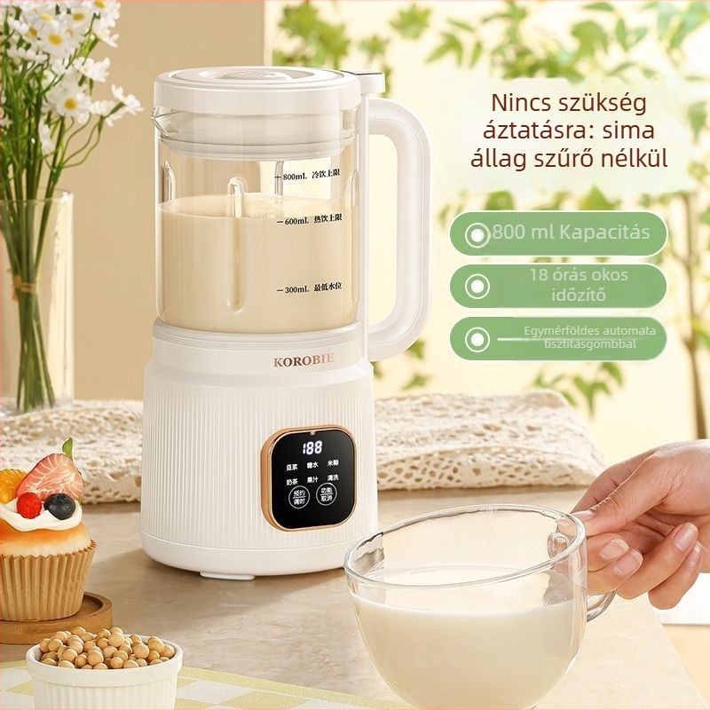 Üvegből készült szójatej-készítő automata fűtéssel, 1–1,5 L kapacitás, szűrő nélkül, érintéses működés