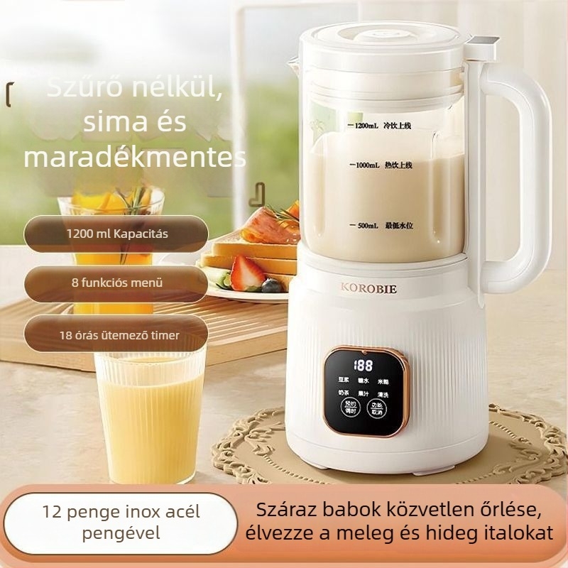 Üvegből készült szójatej-készítő automata fűtéssel, 1–1,5 L kapacitás, szűrő nélkül, érintéses működés