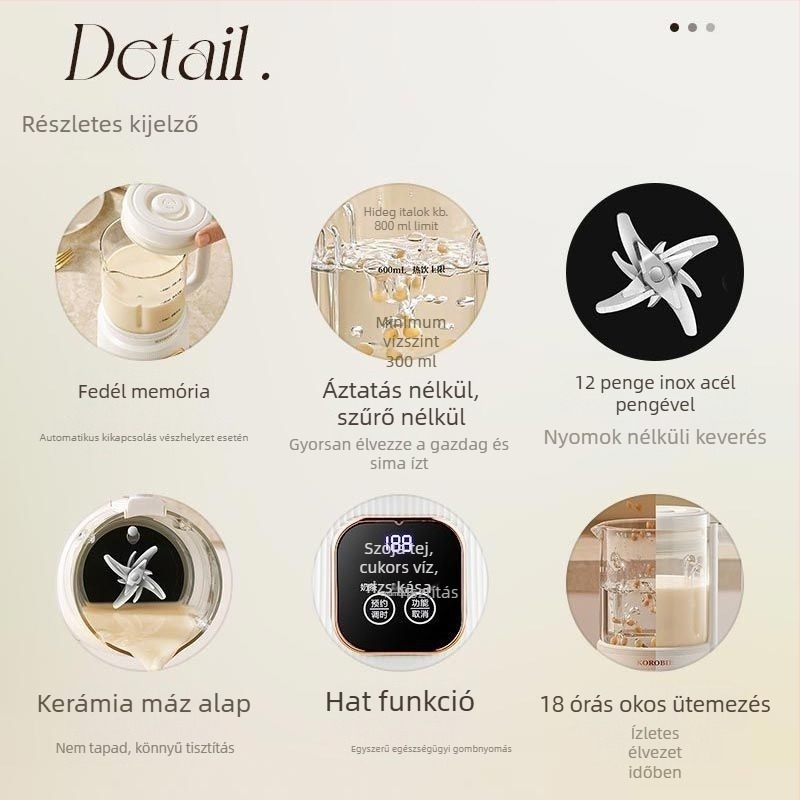 Üvegből készült szójatej-készítő automata fűtéssel, 1–1,5 L kapacitás, szűrő nélkül, érintéses működés