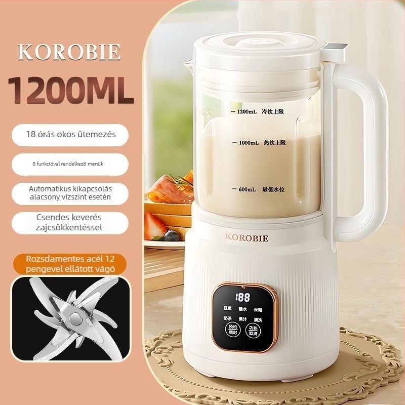 Üvegből készült szójatej-készítő automata fűtéssel, 1–1,5 L kapacitás, szűrő nélkül, érintéses működés