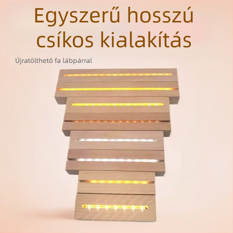  Bükkfa éjjeli fény alap – modern minimál stílusú fa lámpatartó LED csíkkal