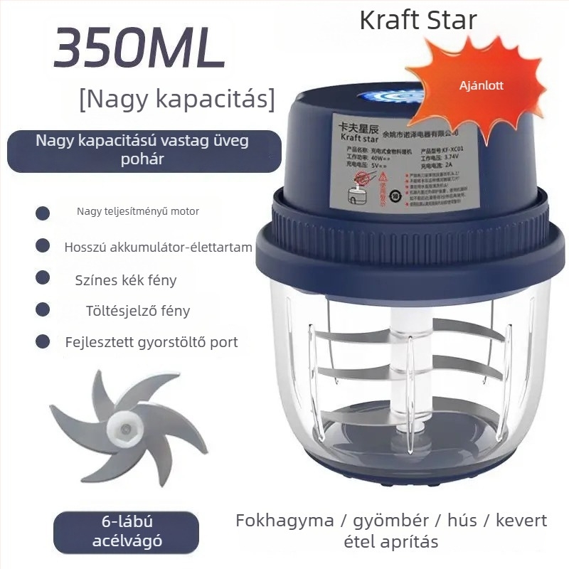 Kraft Stars Vezeték nélküli elektromos fokhagyma törő, 6+ pengével, >40 000 rpm, kapacitás <1 l, távirányító