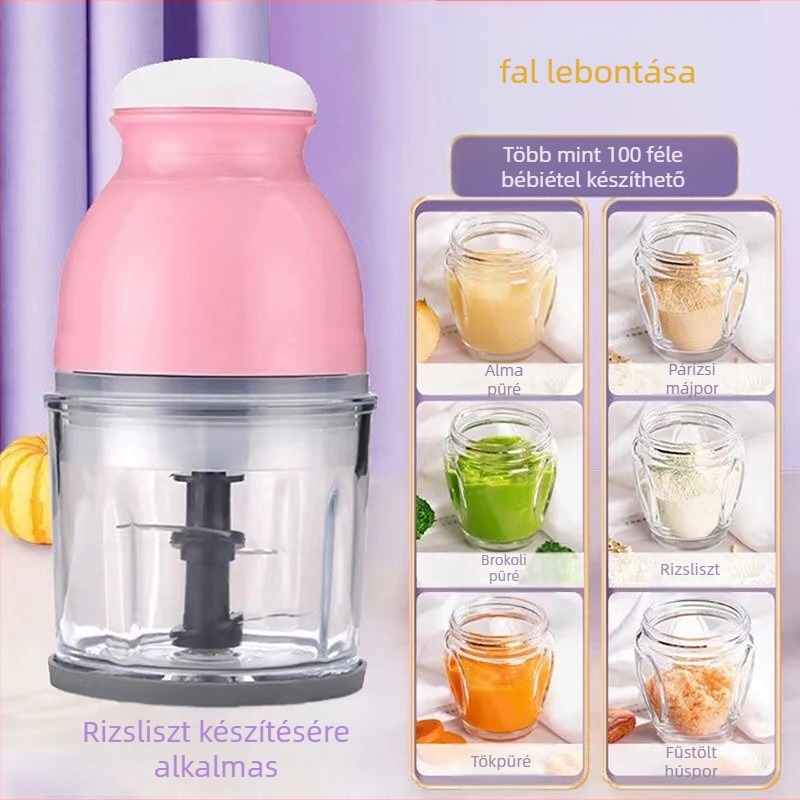 Kompakt, többfunkciós otthoni konyhai készülék fokhagyma zúzásához, bébiétel készítéséhez és húsdaráláshoz.