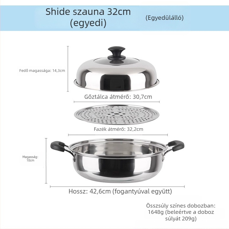 201 rozsdamentes acélból készült párolóedény, egyetlen réteg, tapadásmentes felület, általános tűzhelyhez, modell Sauna pot