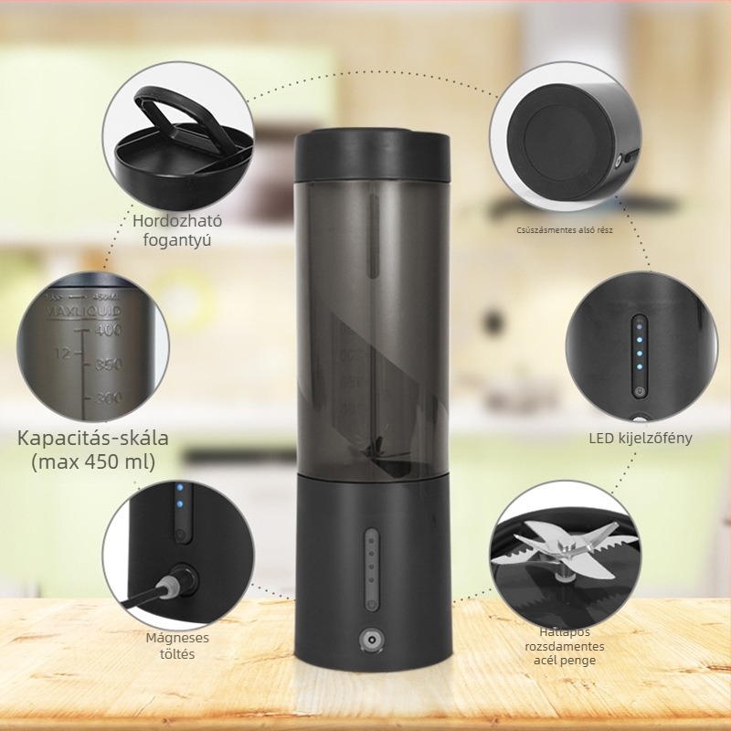 Hordozható gyümölcscentrifuga beépített akkumulátorral, 150W, 401–600 ml kapacitás, több mint 5 pengével, PC élelmiszer-minőségű műanyag