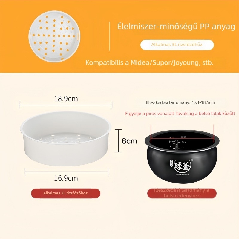 Midea rizsfőzőhöz gőzölő rács — élelmiszer-minőségű, egyetlen réteg, illeszkedik 2L/3L/4L/5L edényekhez