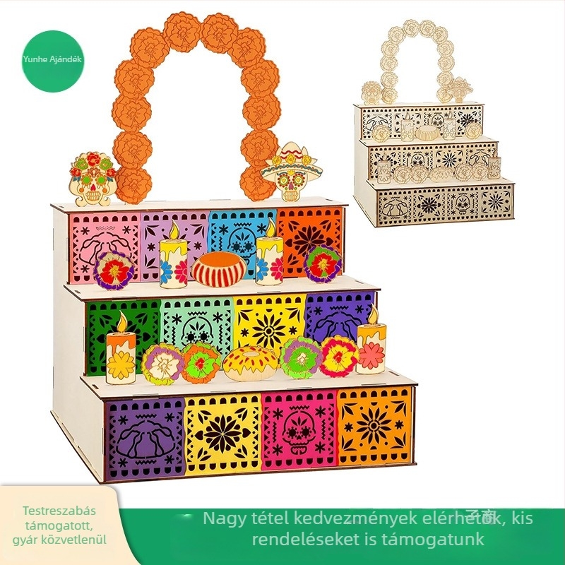 Fából készült fotókeret Dia de los Muertos stílusban, Yunhe Li craftsmanship márka, dekoratív ornament