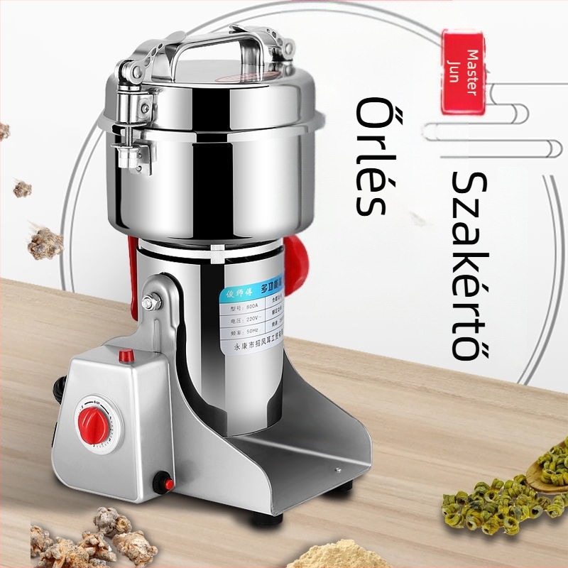 Háztartási univerzális porőrlő ultrafin acélőrléssel, kapacitás 2000 g, >40 000 rpm, pohár rozsdamentes acélból, test rozsdamentes acélból, 6+ pengével