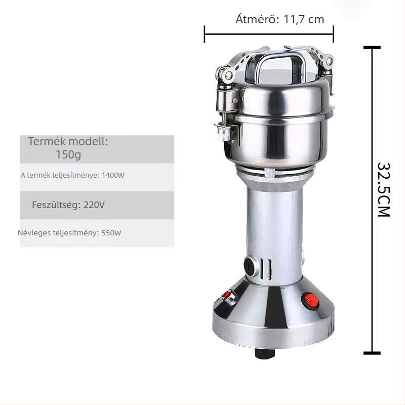 Háztartási univerzális porőrlő ultrafin acélőrléssel, kapacitás 2000 g, >40 000 rpm, pohár rozsdamentes acélból, test rozsdamentes acélból, 6+ pengével