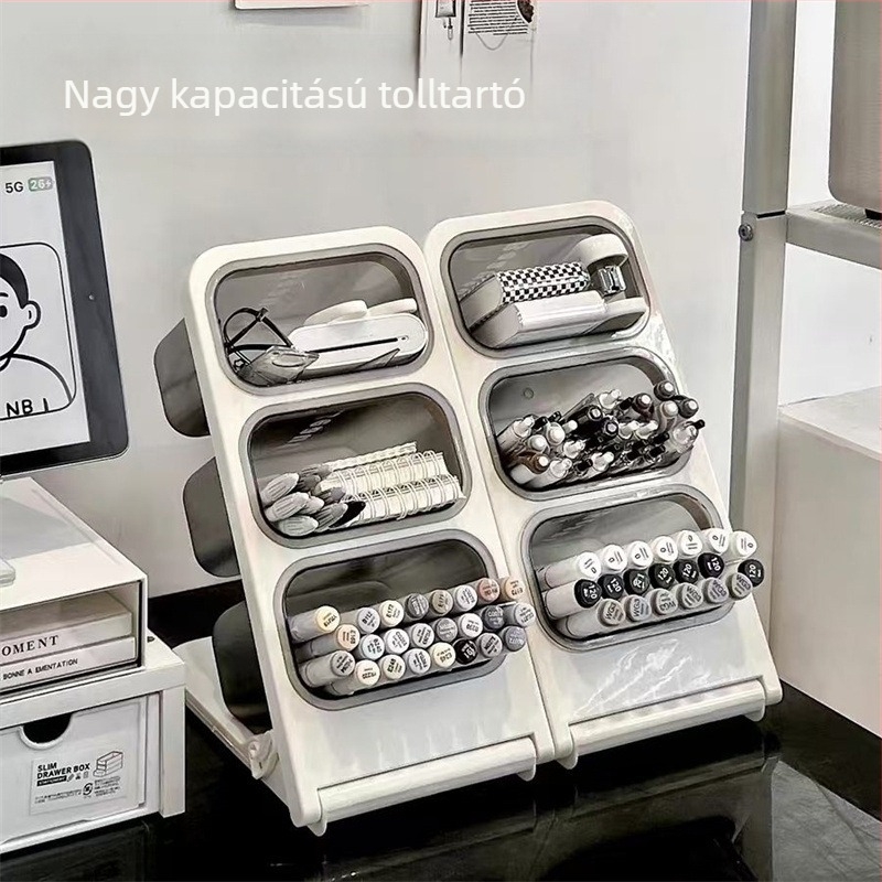 Műanyag tolltartó ferde bevitelű, háromszög alakú, nagy kapacitású asztali rendező