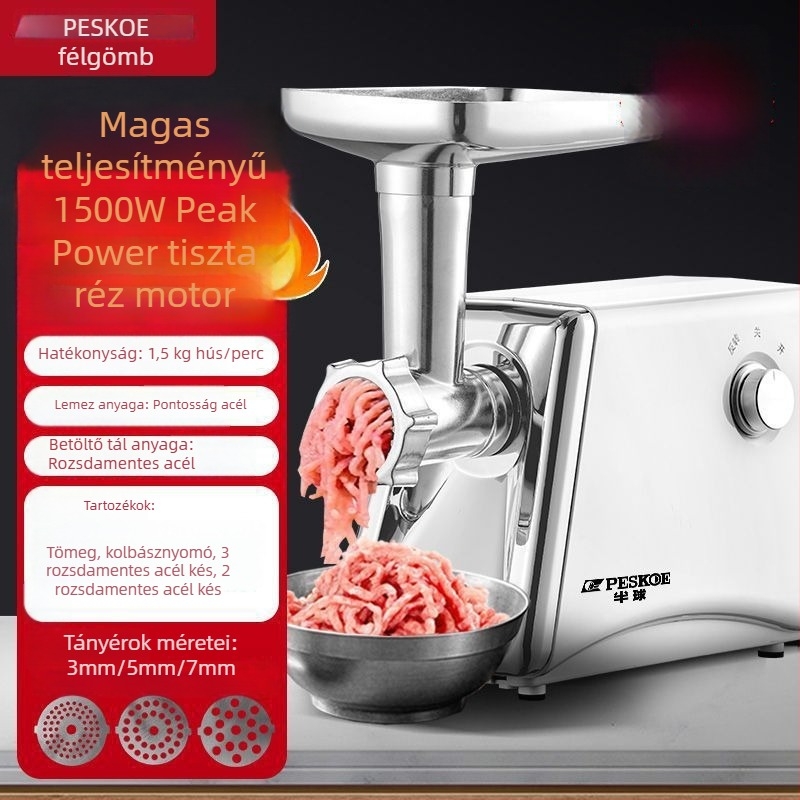 Húsdaráló gép rozsdamentes acél testtel és edénnyel, kapacitás 1 L alatt, 111–240 V, motor sebessége 10 000 RPM alatt, félautomata működés