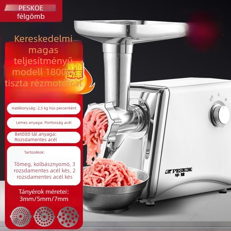 Húsdaráló gép rozsdamentes acél testtel és edénnyel, kapacitás 1 L alatt, 111–240 V, motor sebessége 10 000 RPM alatt, félautomata működés