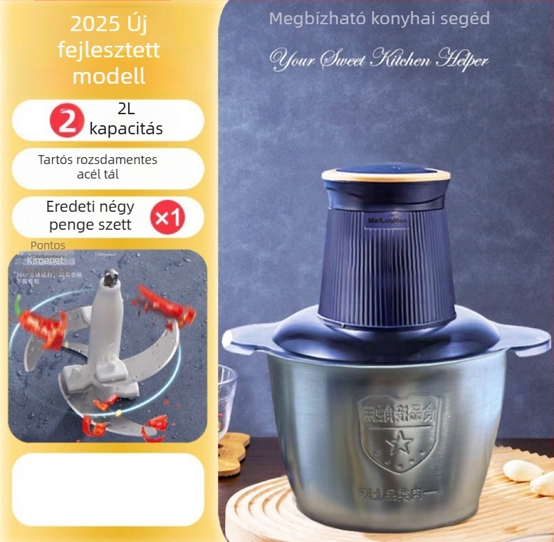 Otthoni húsdaráló 2,5 L — teljesen automatizált, multifunkcionális, 4 pengével és üvegtálas edény, 2. sebesség