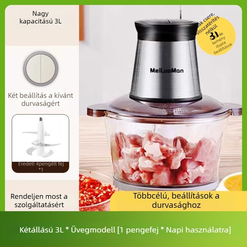 Otthoni húsdaráló 2,5 L — teljesen automatizált, multifunkcionális, 4 pengével és üvegtálas edény, 2. sebesség