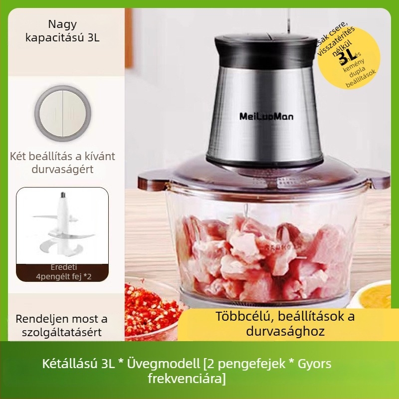 Otthoni húsdaráló 2,5 L — teljesen automatizált, multifunkcionális, 4 pengével és üvegtálas edény, 2. sebesség