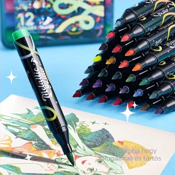Háromszög alakú, egyhegyű glitter marker toll, nagy kapacitású, gyöngyházfényű felület; műanyag ház; testreszabható.