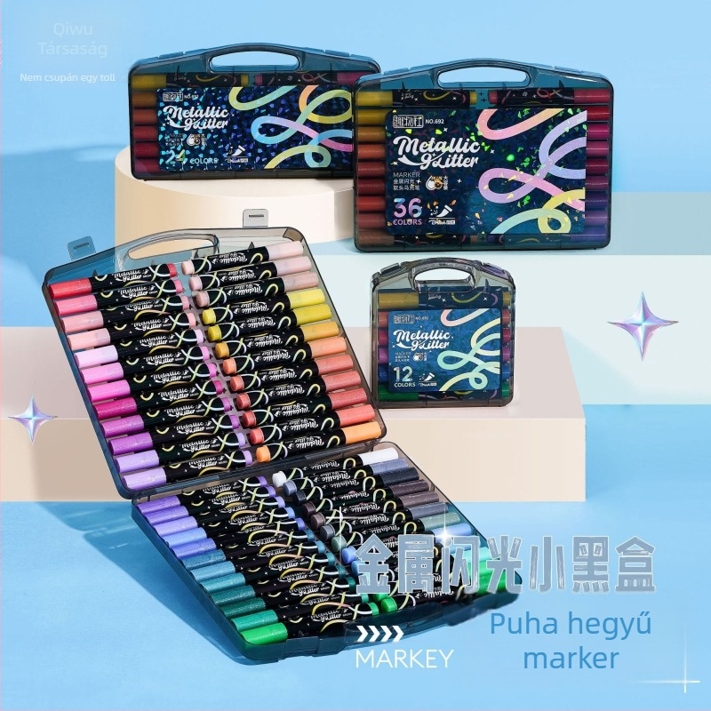 Háromszög alakú, egyhegyű glitter marker toll, nagy kapacitású, gyöngyházfényű felület; műanyag ház; testreszabható.