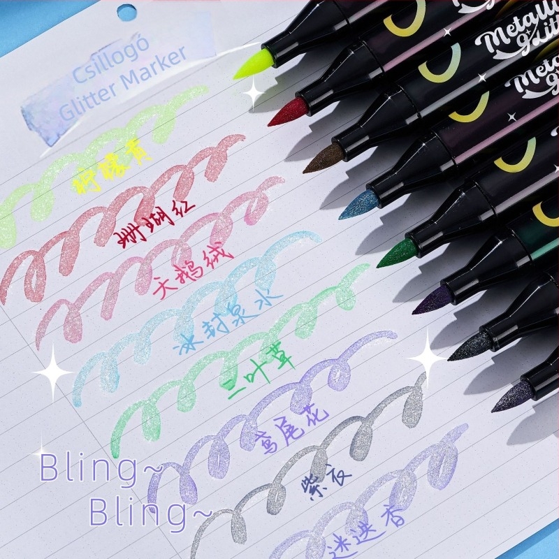 Háromszög alakú, egyhegyű glitter marker toll, nagy kapacitású, gyöngyházfényű felület; műanyag ház; testreszabható.