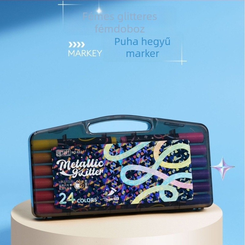 Háromszög alakú, egyhegyű glitter marker toll, nagy kapacitású, gyöngyházfényű felület; műanyag ház; testreszabható.