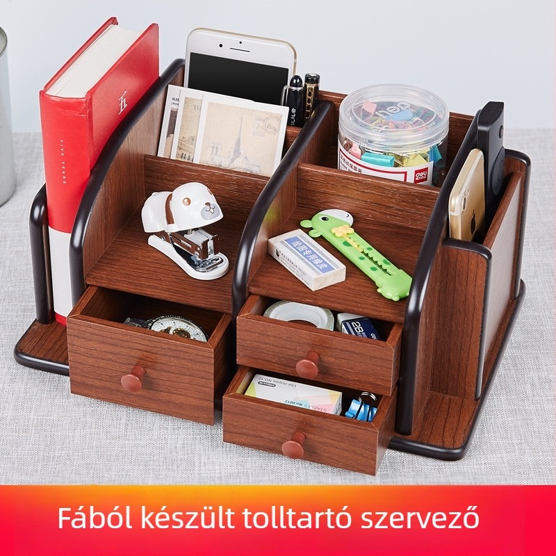 Huixing 1039 Fa asztali rendező – négyzet alakú tolltartó és távirányító rekesz