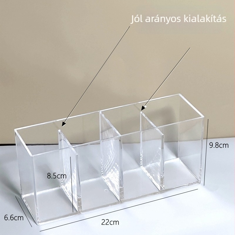 Akril négyrekeszes asztali tároló doboz, modell 8032-1, 18 literes kapacitással, kozmetikai és irodai kellékekhez.