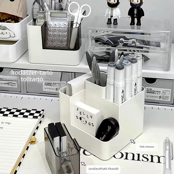 Több rekeszes, függő tolltartó — műanyag, négyzet alakú asztali tároló, diákok számára