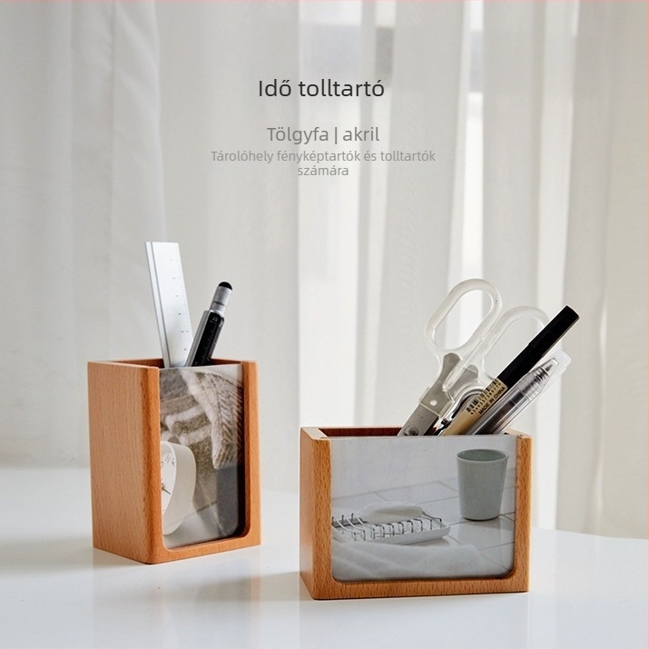 Fa fotókeretes tolltartó, modell 1134, márka Wooden family, anyag: fa, forma: kör, nyomtatott logó OK