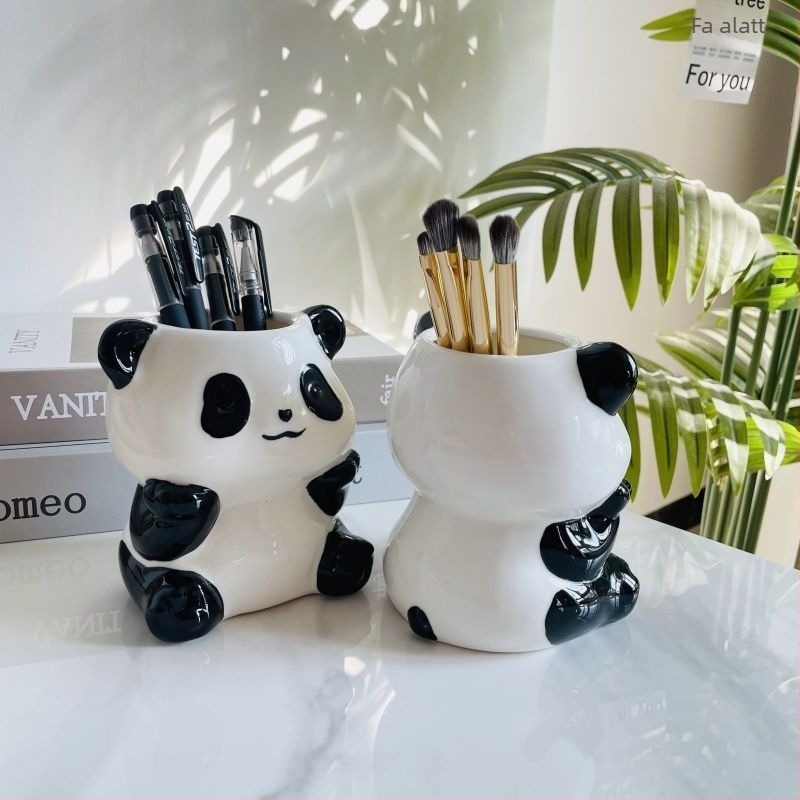 Panda kerámia 3‑in‑1 toll- és fogkefetartó és sminktároló – falra akasztható, 6 szinttel