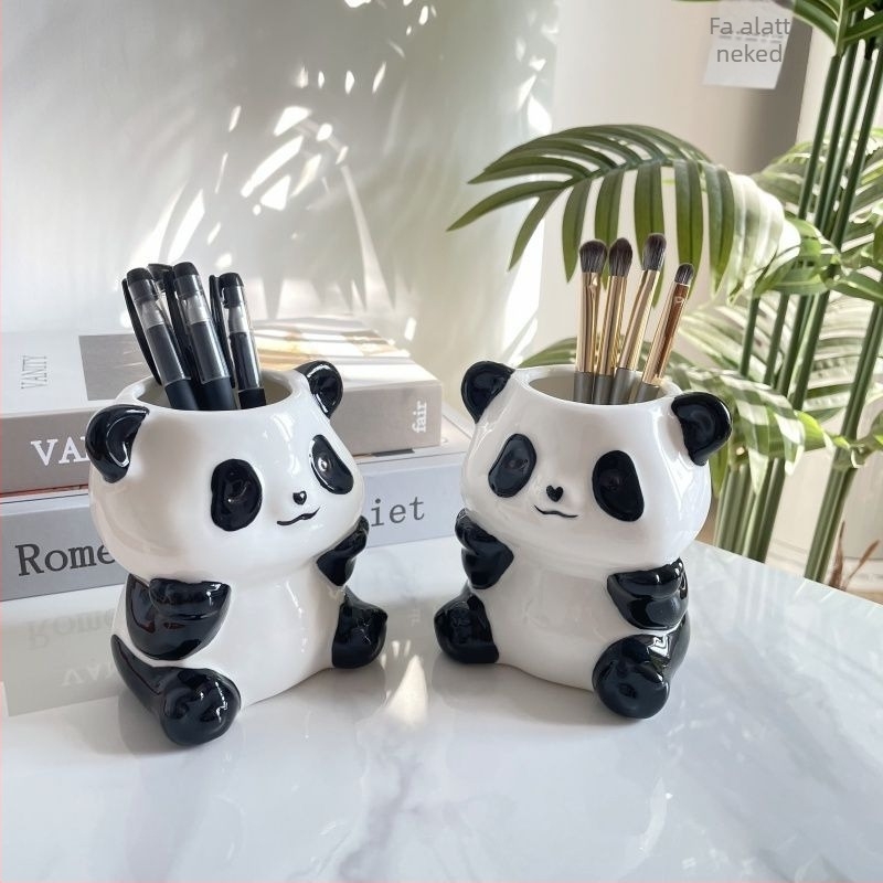 Panda kerámia 3‑in‑1 toll- és fogkefetartó és sminktároló – falra akasztható, 6 szinttel