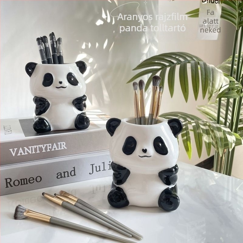 Panda kerámia 3‑in‑1 toll- és fogkefetartó és sminktároló – falra akasztható, 6 szinttel