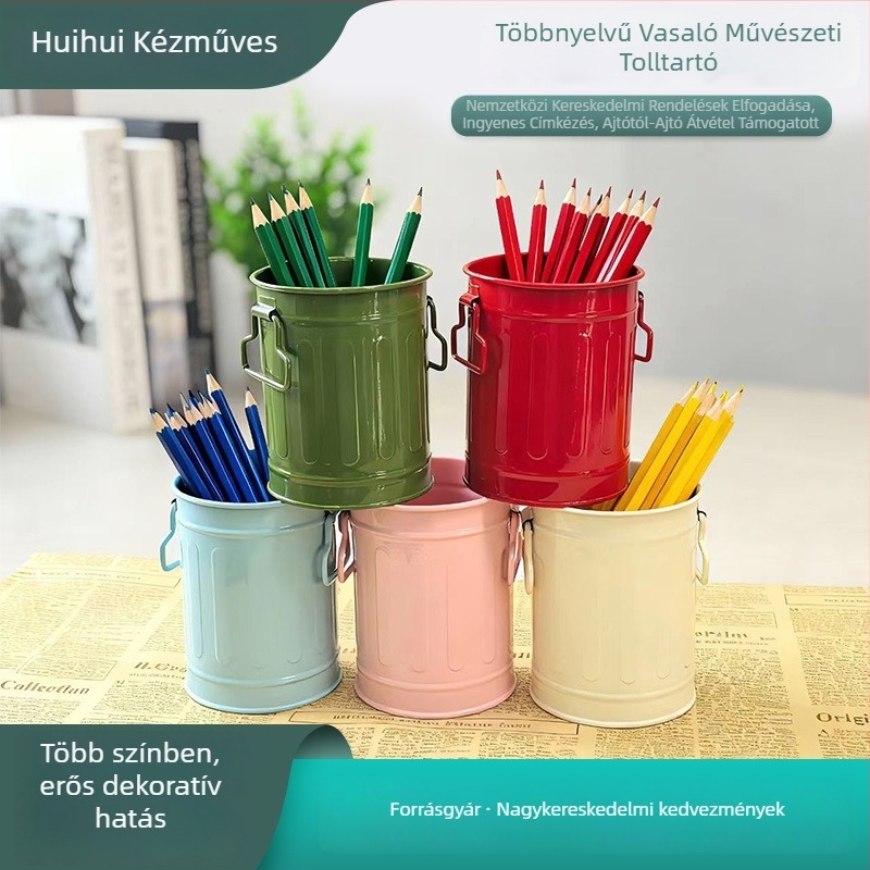 Fém asztali tolltartó és pozsgás növényekhez való edény, kör alakú többfunkciós vas vödör, dekoratív dísz, logó nyomtatás elérhető