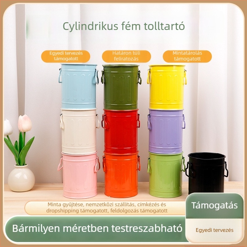 Vasból készült hengeres tolltartó irodai és iskolai használatra, kerek formájú, logóval testreszabható