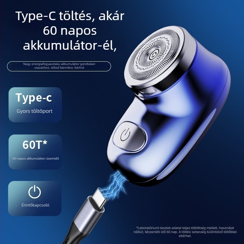 Testre tervezett elektromos borotva teljes testmosási funkcióval, lebegő forgó fej (>4 pengével), beépített akkumulátor, 90 perc működési idő