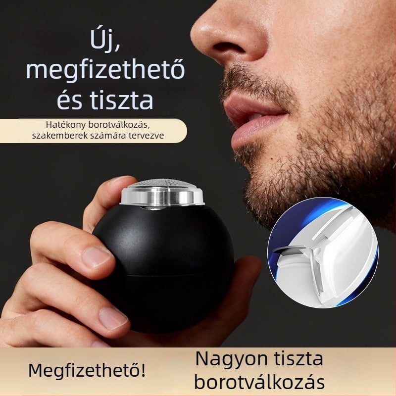 Férfiak számára készült elektromos borotva forgó 3 pengés fejjel, USB töltés, leválasztható és mosható fej, beépített akkumulátor 300–500 mAh, futási idő legalább 60 perc