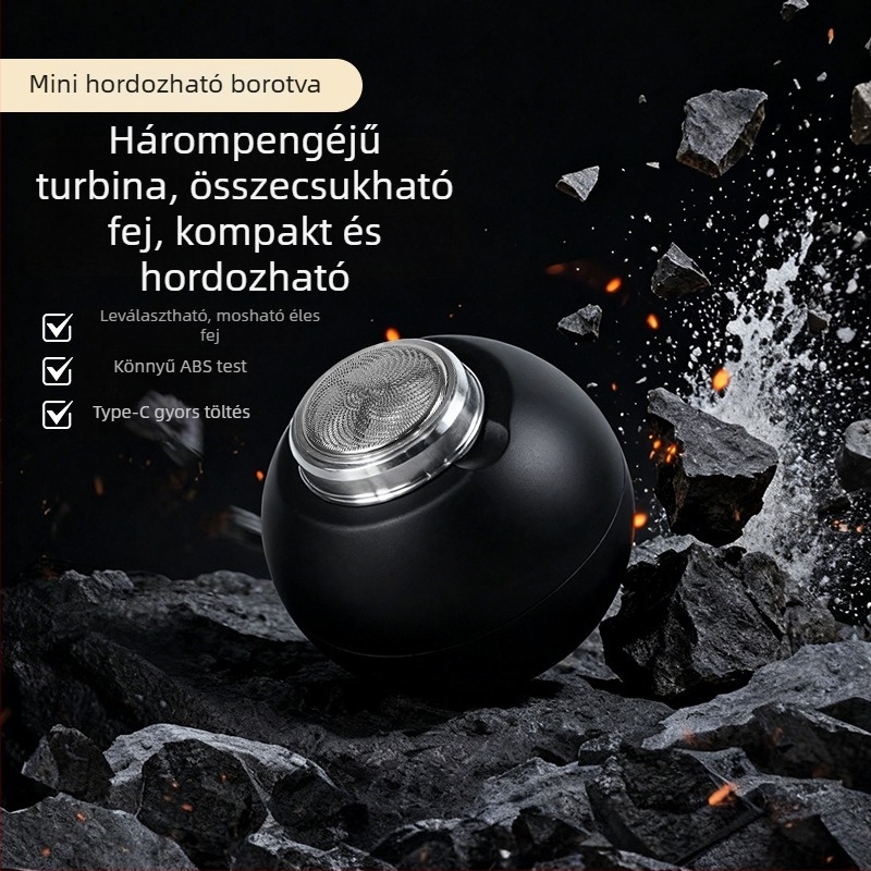 Férfiak számára készült elektromos borotva forgó 3 pengés fejjel, USB töltés, leválasztható és mosható fej, beépített akkumulátor 300–500 mAh, futási idő legalább 60 perc