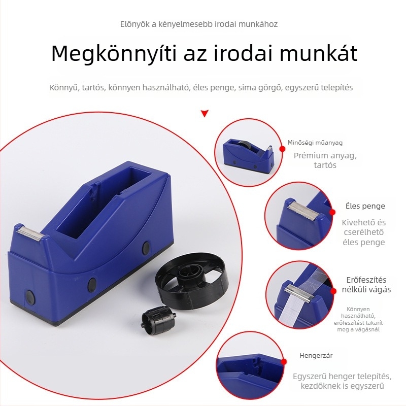 Kétfunkciós szalagadagoló áttetsző vágóval, irodai szalagvágó készülék, strapabíró és ütésálló, szalag alap