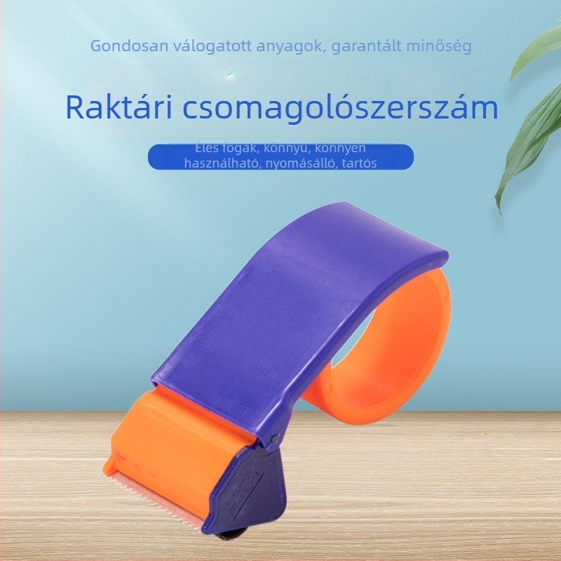 Műanyag ragasztószalag adagoló átlátszó tartóval, kézi záró és vágó, nagy méret
