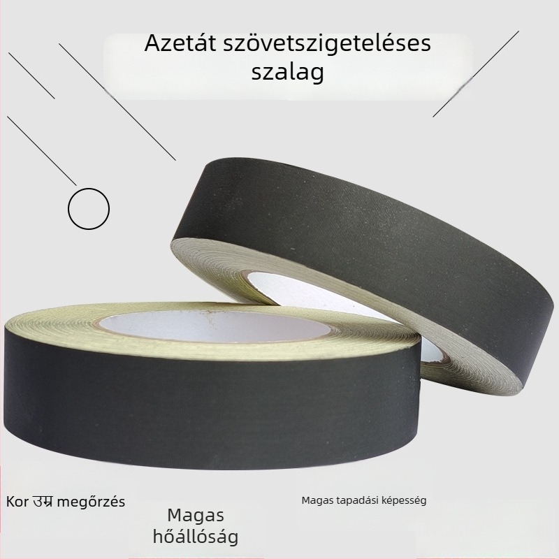 Fekete acetát szövetszalag kábelekhez – rost alapú, akril ragasztó, magas viszkozitás, ragasztó maradvány nélkül, húzás elleni