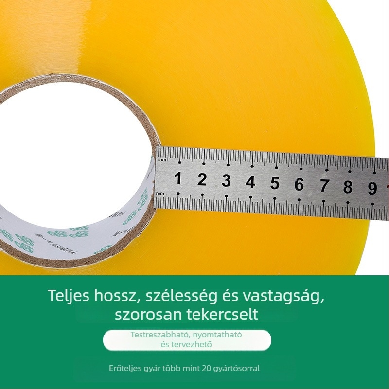 Gépi csomagoláshoz készült záró szalag (50 μm; BOPP alapanyag; OPP hátfilm; -30 °C-tól 80 °C-ig terjedő hőállóság; gépi szakadásra tervezve)