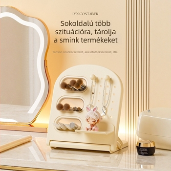 Dőlt kialakítású asztali tároló tollak és sminkecsetek számára, perforált panellel, 1 literes kapacitás