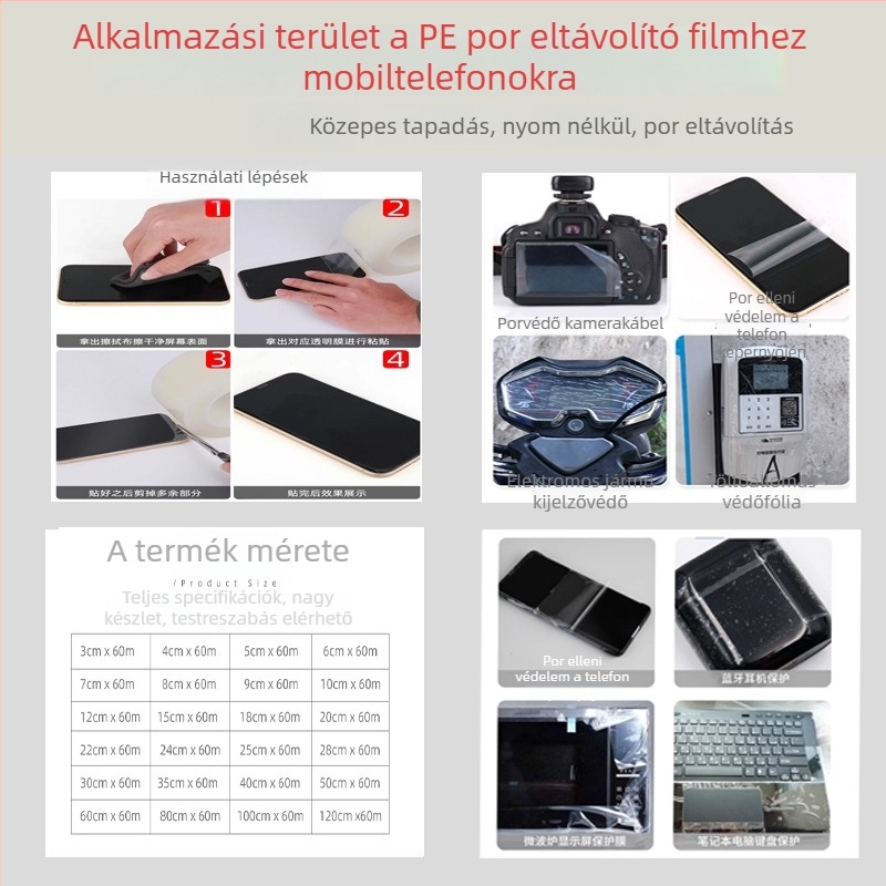 PE anyagú mobiltelefon-képernyő tisztító film, magas átlátszóság, közepes ragadósság, papírmagos, testreszabható feldolgozás