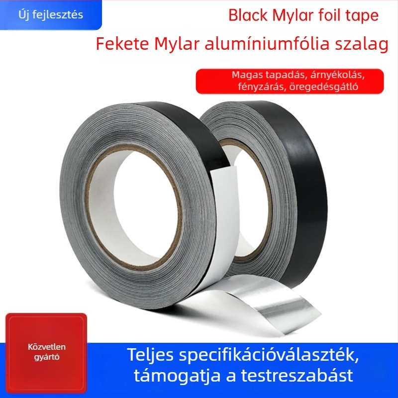 Huibo Fekete Mylar alumíniumfólia szalag, árnyékoláshoz és szigeteléshez elektronikai alkalmazásokhoz, interferenciamentes, magas hőmérséklet-állóság, 0.07 mm vastagság, hossz 50 m-ig, szélesség egyénre szabható, transzformátorok és kijelzők számára