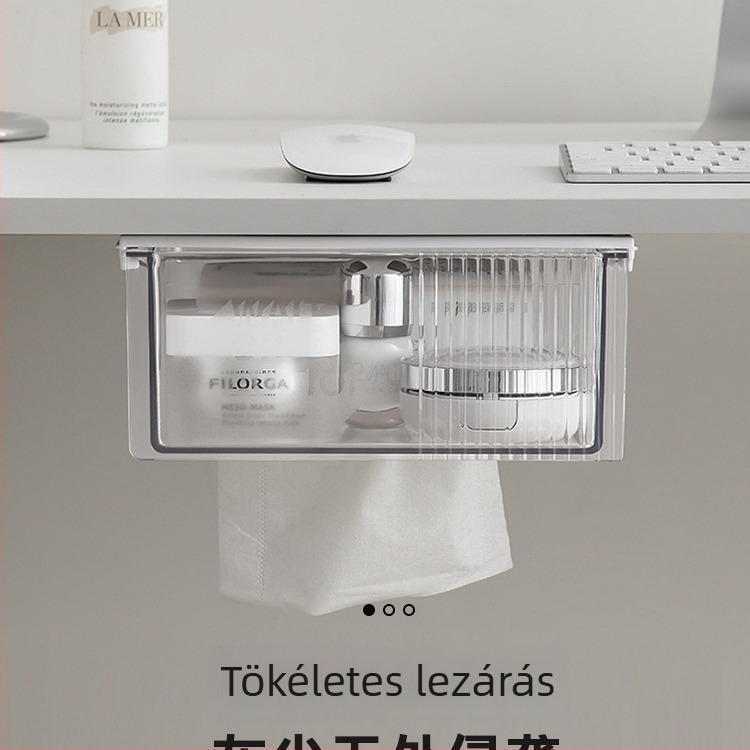 Irodai zsebkendő tartó és szervező, tolltartó az asztal alatt, PP/PET anyag, 1.5L kapacitás