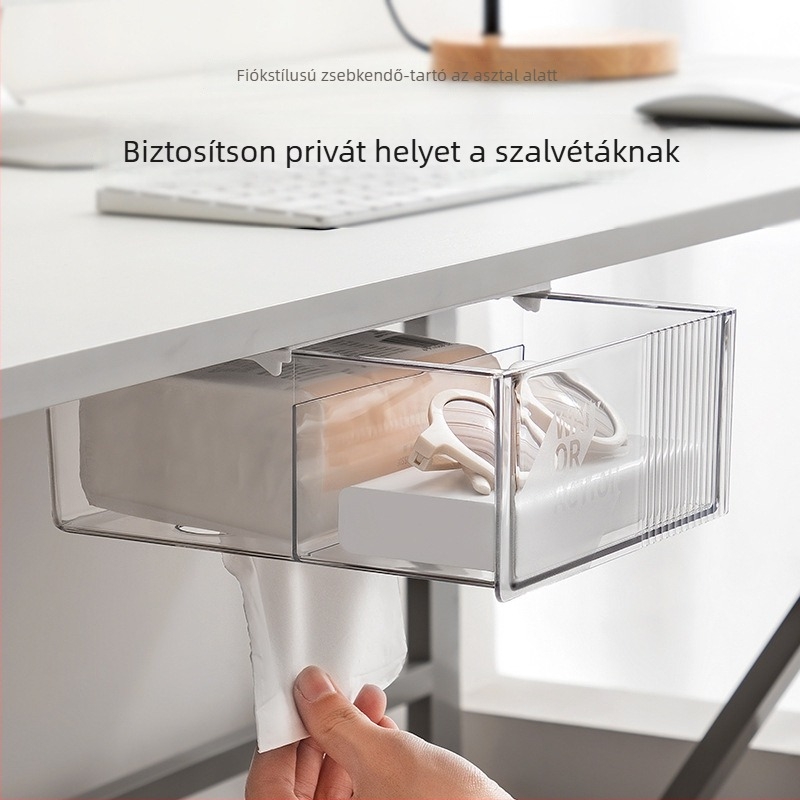 Irodai zsebkendő tartó és szervező, tolltartó az asztal alatt, PP/PET anyag, 1.5L kapacitás